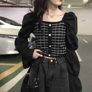Korean Black Plaid Cropped Blouse